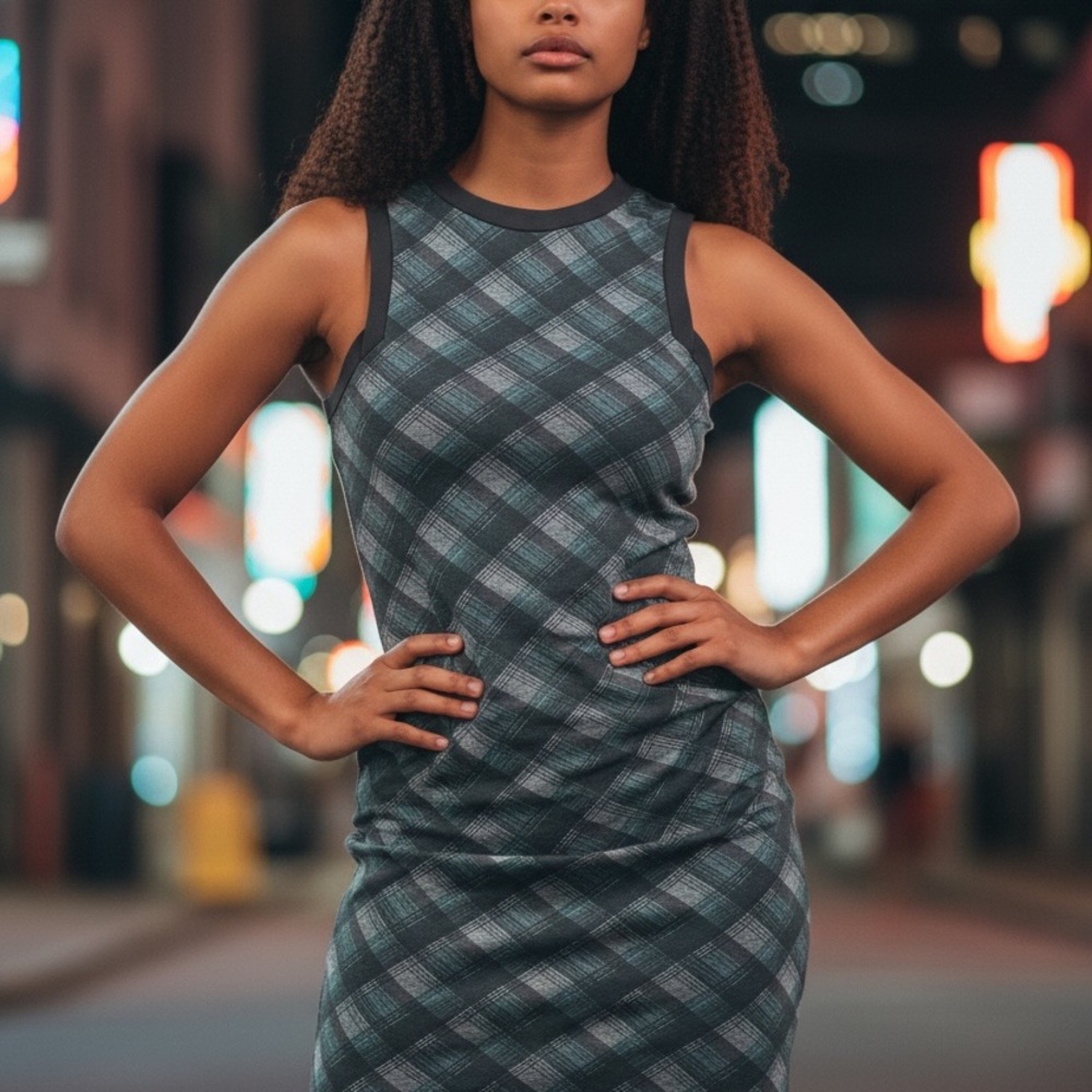 Design Lab Lord & Taylor Sleeveless Plaid Sheath Dress in Teal and Charcoal